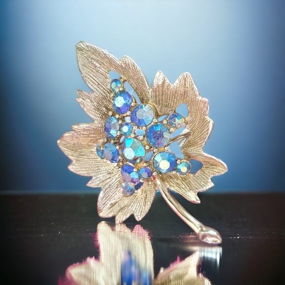Golden Leaf Brooch With Blue Rhinestones for Women, Gold Jewelry Pin - Picture 2 of 10